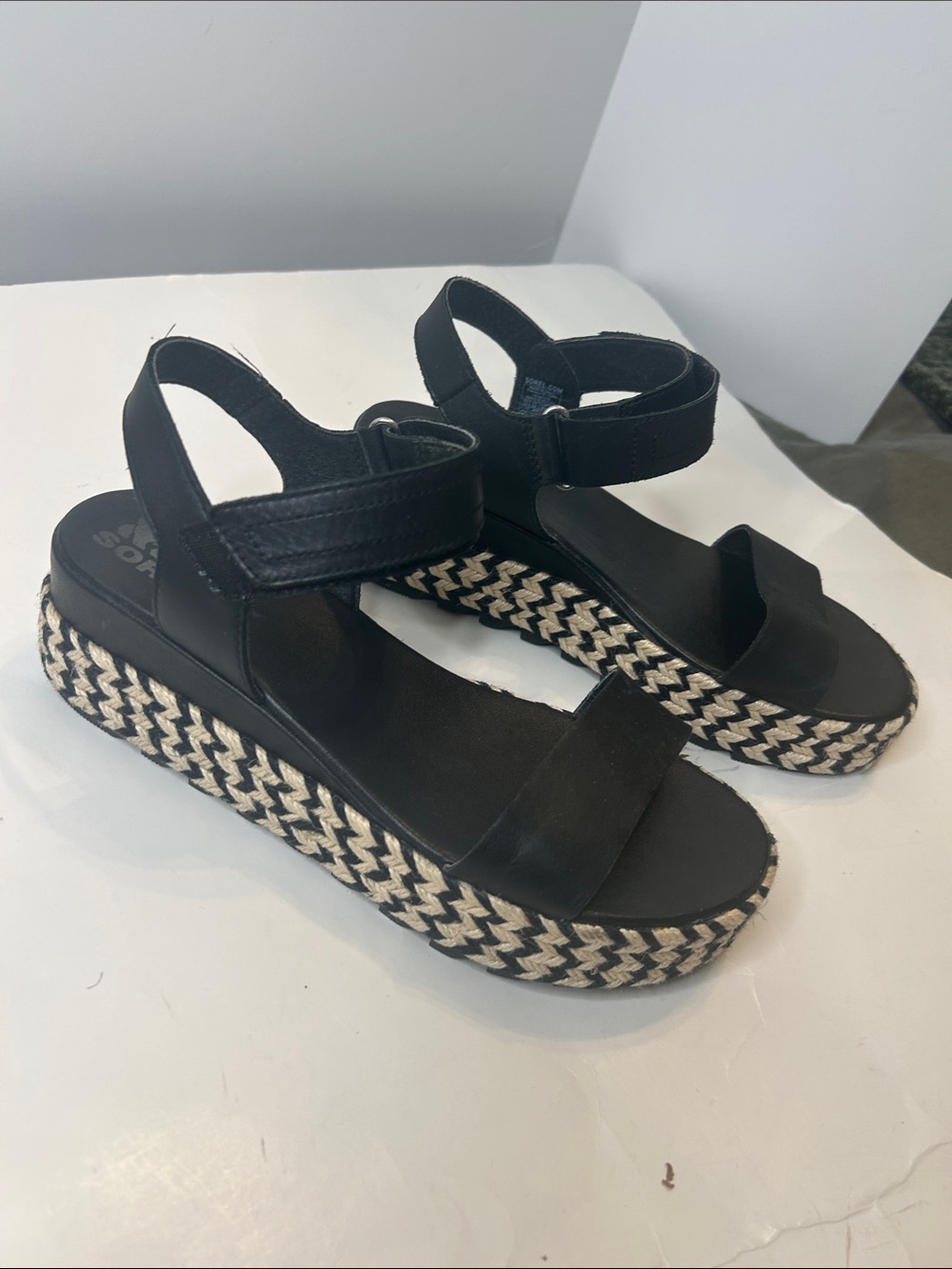 Sorel, Black Platform Espadrille Sandals with Ankle Strap